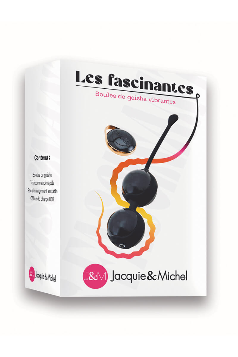Packaging des boules de geisha vibrantes noires modèle les fascinantes de la marque Jacquie et Michel
