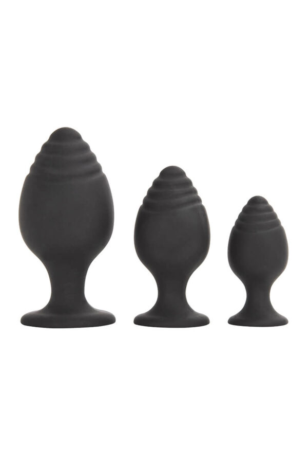 Trois plugs anaux noirs du plus grand au plus petit les ravissants de la marque Jacquie et Michel