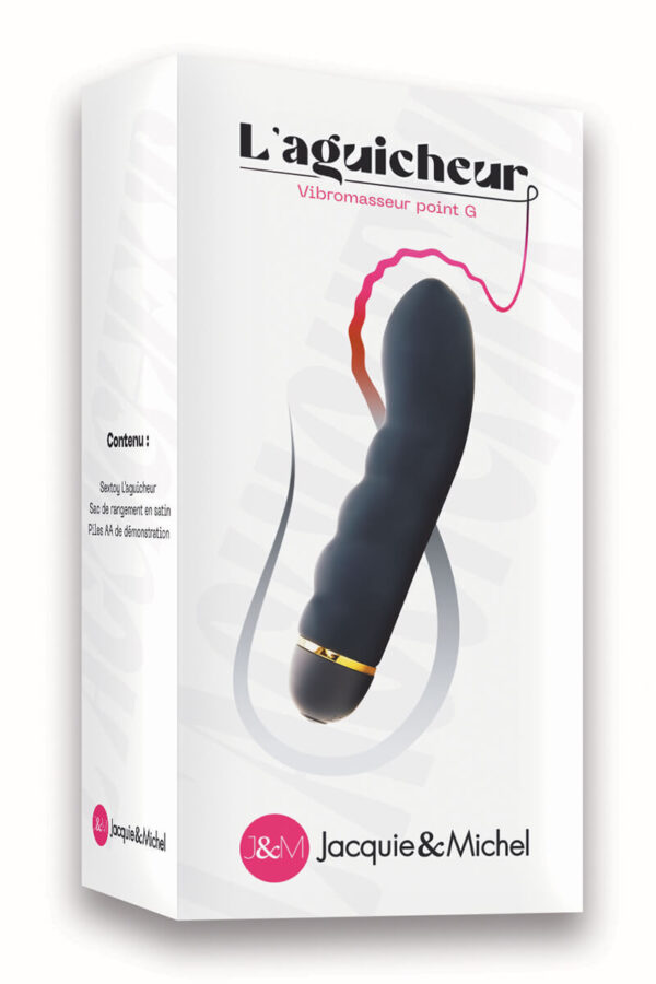 Packaging du vibromasseur courbé noir et doré l'aguicheur de la marque Jacquie et Michel