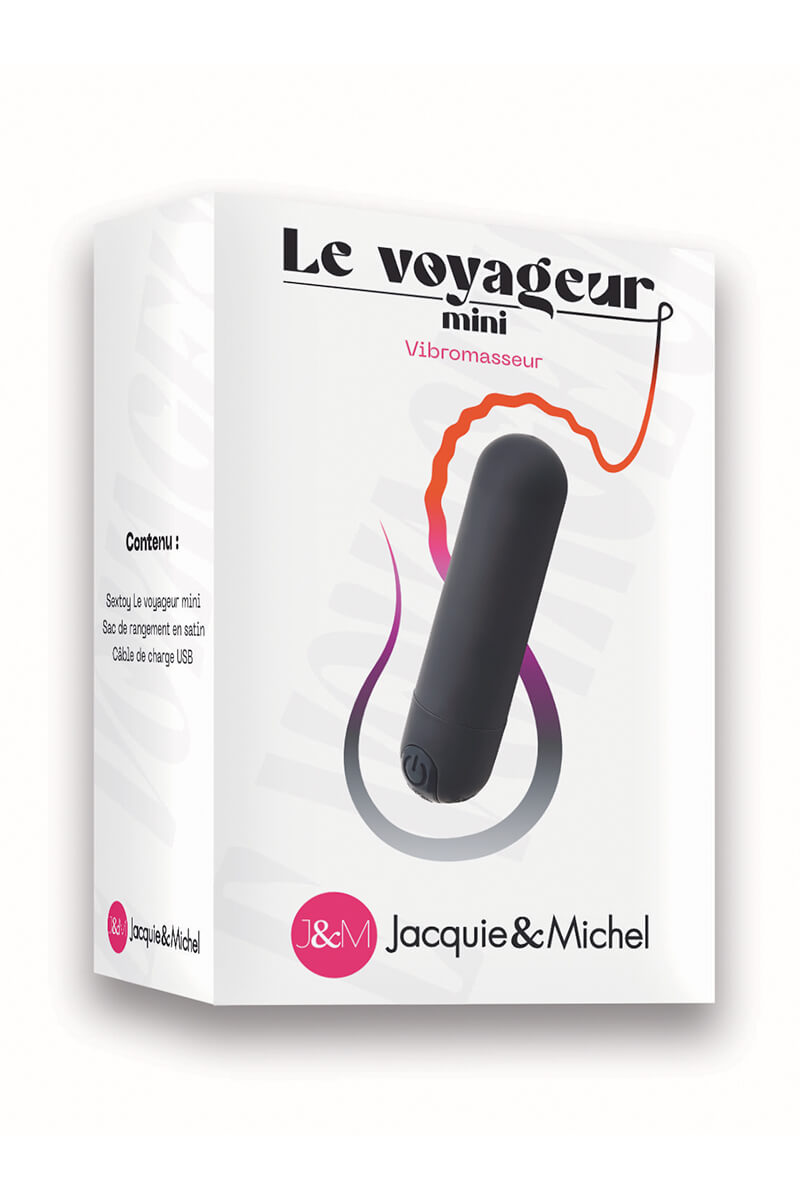 Packaging du vibromasseur mini noir le voyageur de la marque Jacquie et Michel