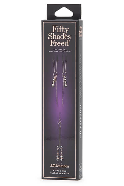 Packaging de la chaîne bijou et pince tétons et clitoris de la collection fifty shades freed