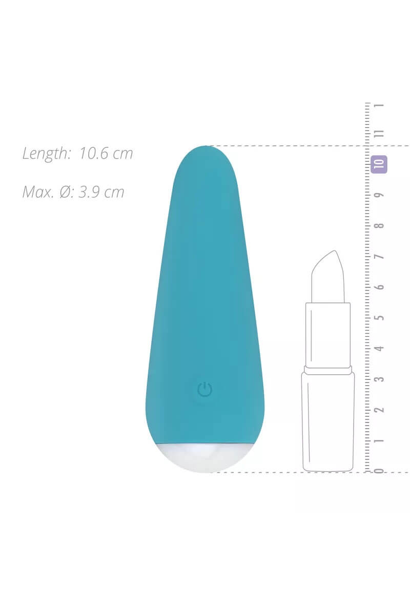 Mini vibromasseur bleu turquoise julia devant une règle de mesure de la marque Cala Azul