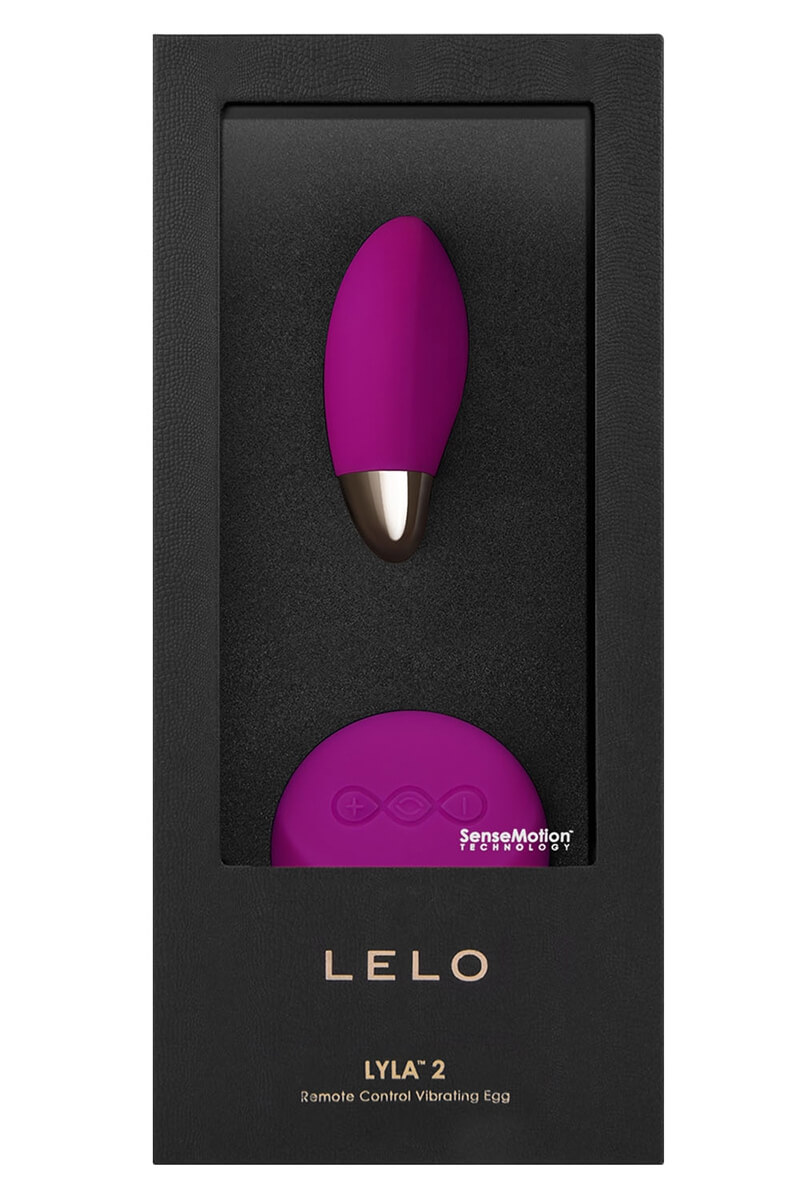 Packaging de l'œuf vibrant lyla 2 couleur pourpre et sa télécommande de la marque Lelo