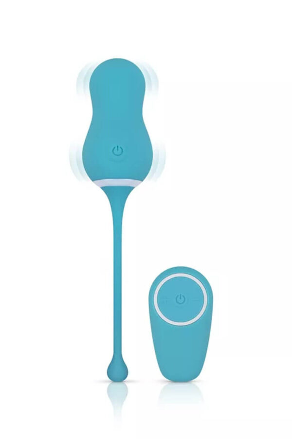 Œuf vibrant télécommandé elena en train de vibrer et sa télécommande bleu turquoise de la marque Cala Azul