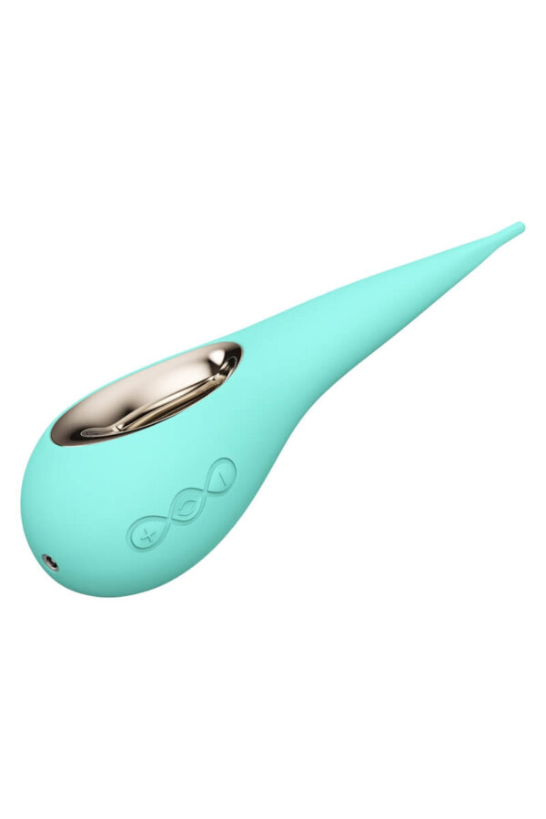 Stimulateur clitoridien dot en forme de goutte d'eau bleu turquoise et doré de la marque Lelo