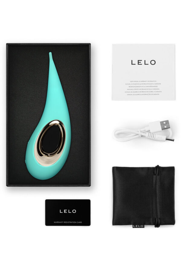 Stimulateur clitoridien dot en forme de goutte d'eau bleu turquoise et doré avec son coffret de la marque Lelo