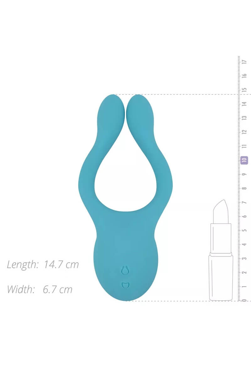 Stimulateur pour couple dani bleu turquoise devant une règle de mesure de la marque Cala Azul