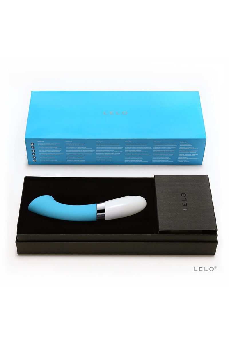Packaging du vibromasseur gigi 2 couleur bleu turquoise de la marque Lelo