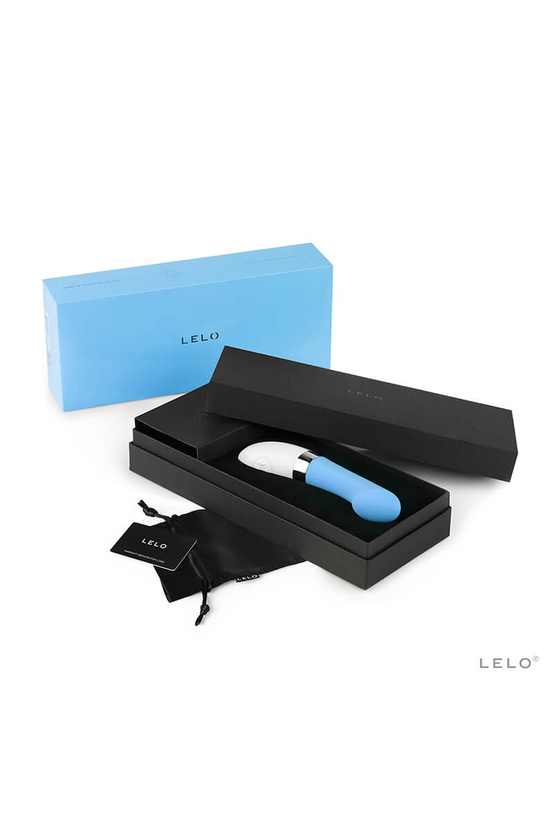 Coffret du vibromasseur gigi 2 couleur bleu turquoise de la marque Lelo