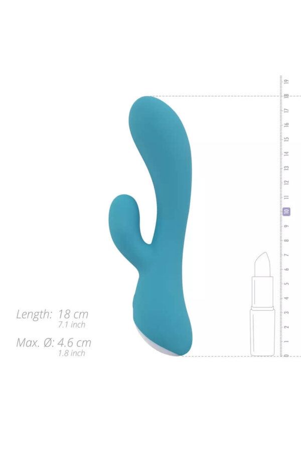 Vibromasseur rabbit bleu turquoise martina devant une règle de mesure de la marque Cala Azul