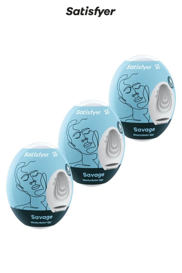 Pack de 3 masturbateurs en forme d'œufs texture Savage de la marque Satisfyer