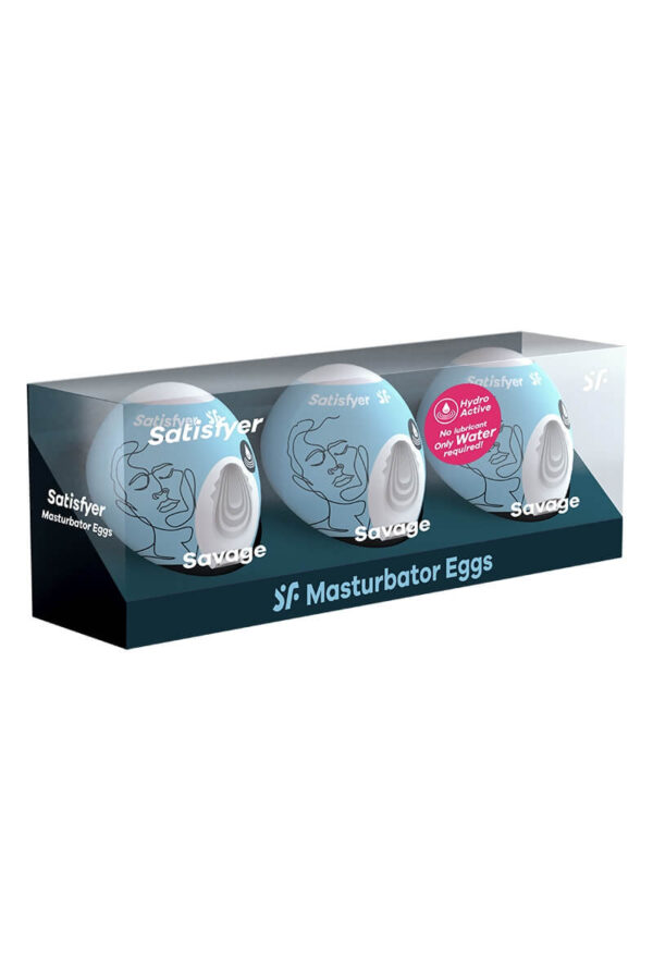 Pack de 3 masturbateurs en forme d'œufs texture Savage de la marque Satisfyer
