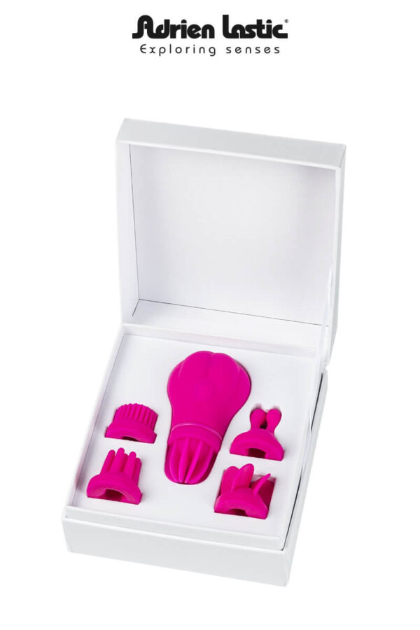 Packaging du stimulateur de clitoris Caress et ses accessoires de la marque Adrien Lastic