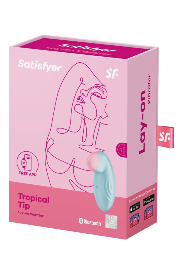 Packaging du stimulateur clitoridien connecté Tropical Tip bleu de la marque Satisfyer