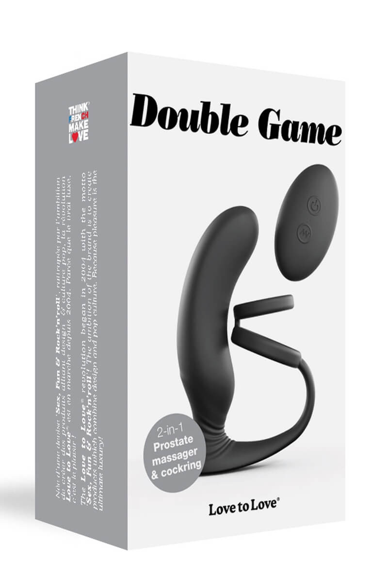 Packaging du stimulateur de prostate télécommandé et son cockring Double Game de la marque Love to Love