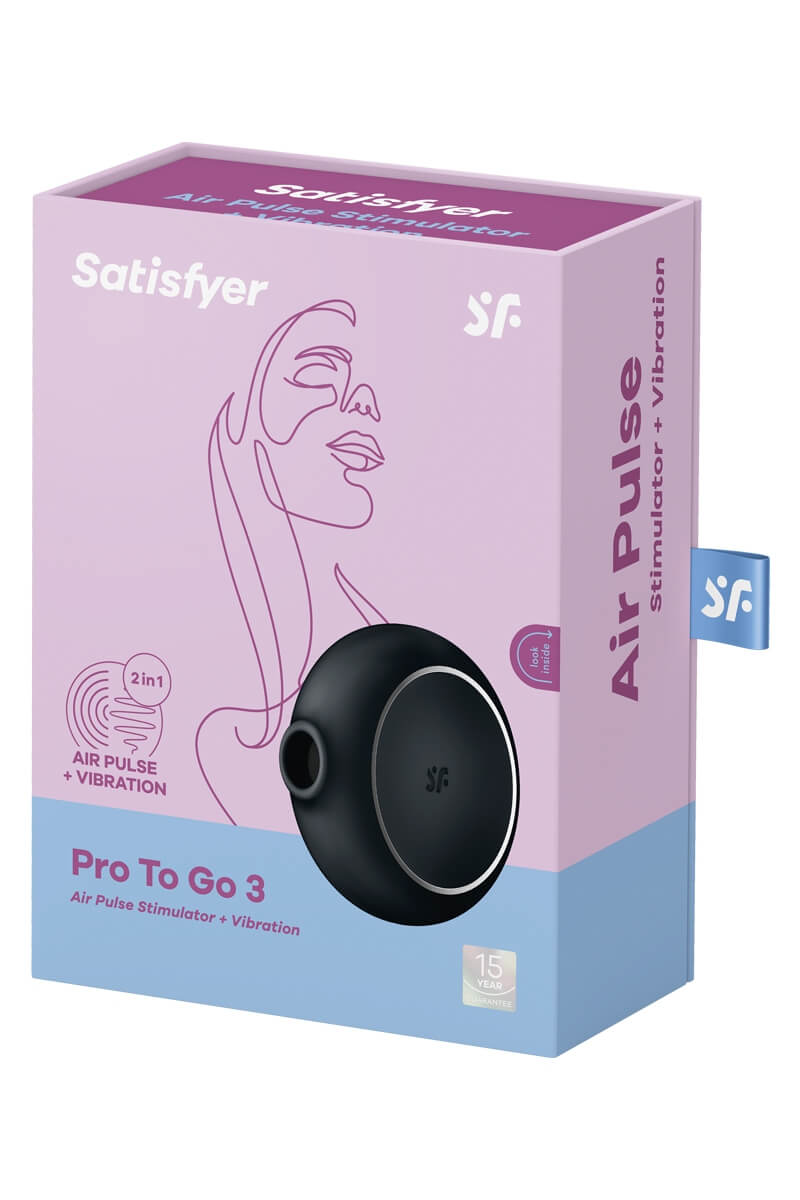 Packaging du stimulateur clitoridien Pro to go 3 noir de la marque Satisfyer