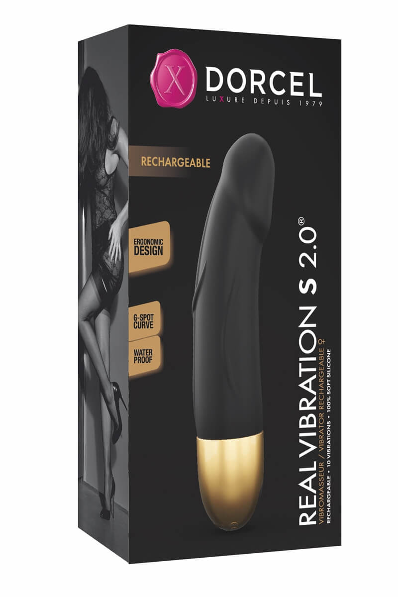 Packaging du vibromasseur Real Vibration taille S en noir et or de la marque Dorcel