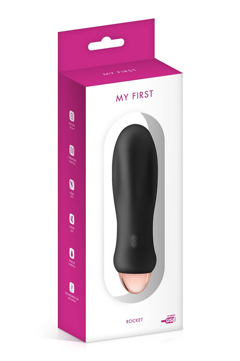 Packaging du vibromasseur rechargeable Rocket noir de la marque My First