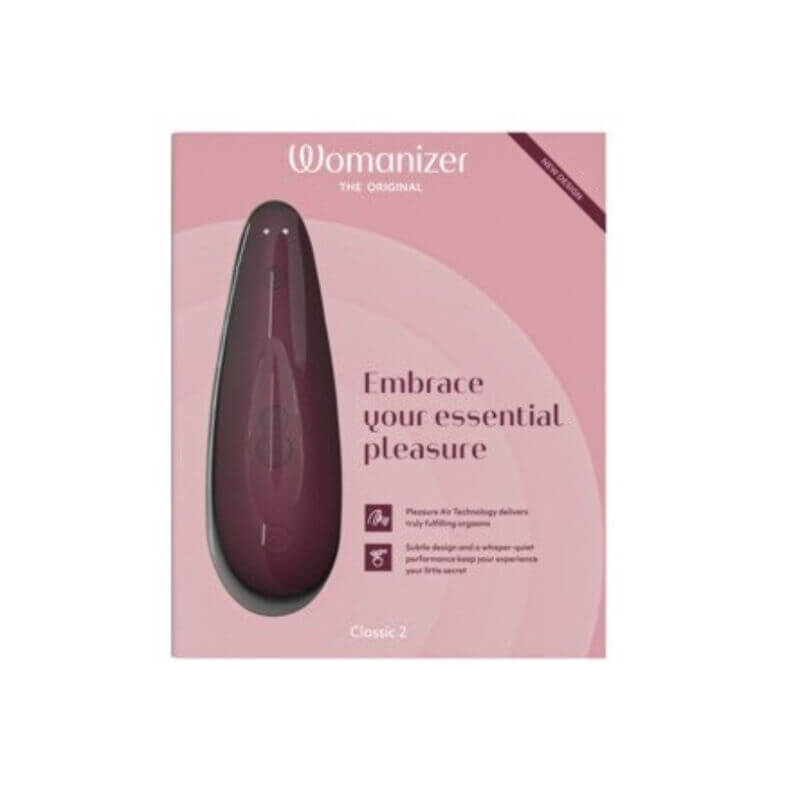 Packaging du stimulateur clitoridien Classic 2 bordeaux de la marque Womanizer