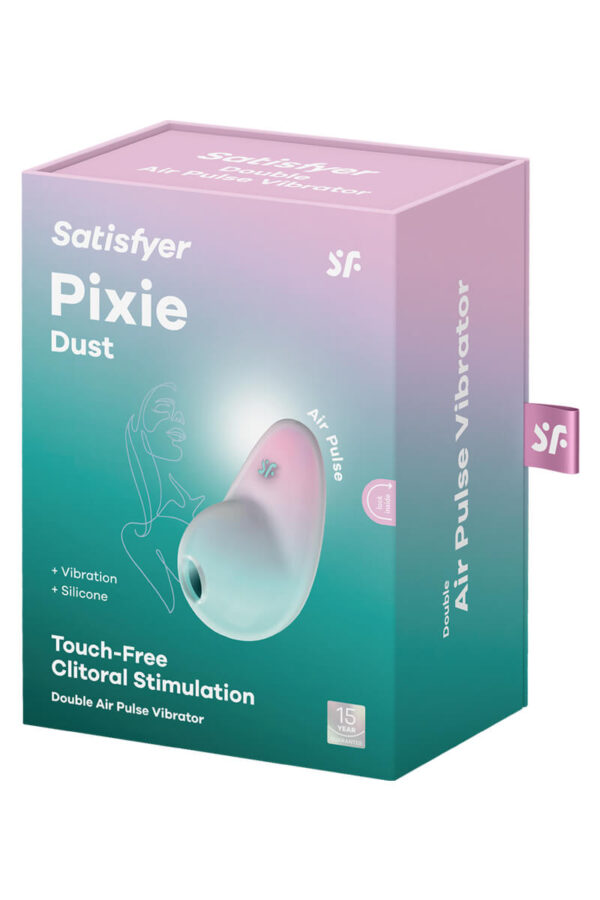 Packaging du stimulateur sans contact Pixie Dust Air Pulse et Vibrations, menthe et rose de la marque Satisfyer