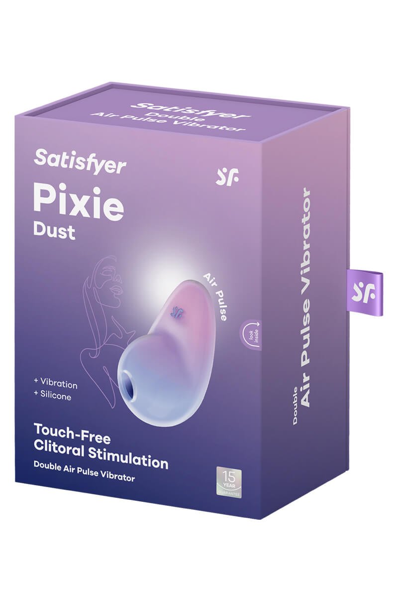 stimulateur-pixie-dust-air-pulse-et-vibrations-rose-et-violet-satisfyer-5 Packaging du stimulateur sans contact Pixie Dust Air Pulse et Vibrations, violet et rose de la marque Satisfyer